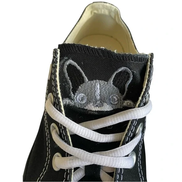 Converse Sneakers Women’s 9 Men’s 7 Black Custom French Bulldog Embroidery - Picture 2 of 14